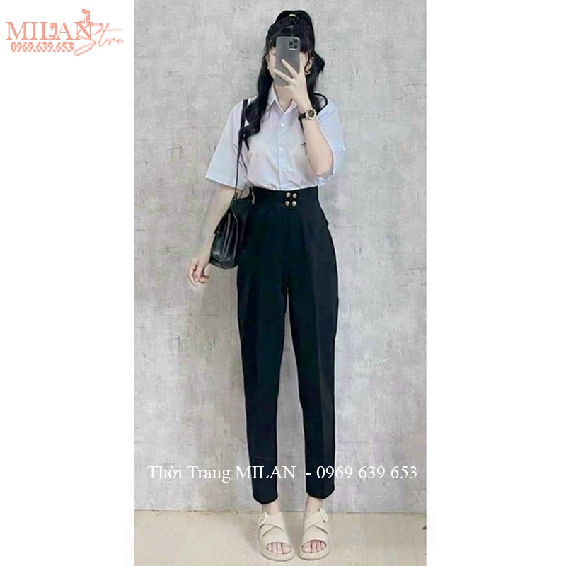 Quần tây nữ đi học lưng cao cúc bấm dáng dài màu đen - Quần vải baggy cạp cao học sinh chất tuyết mưa  mặc công sở đẹp