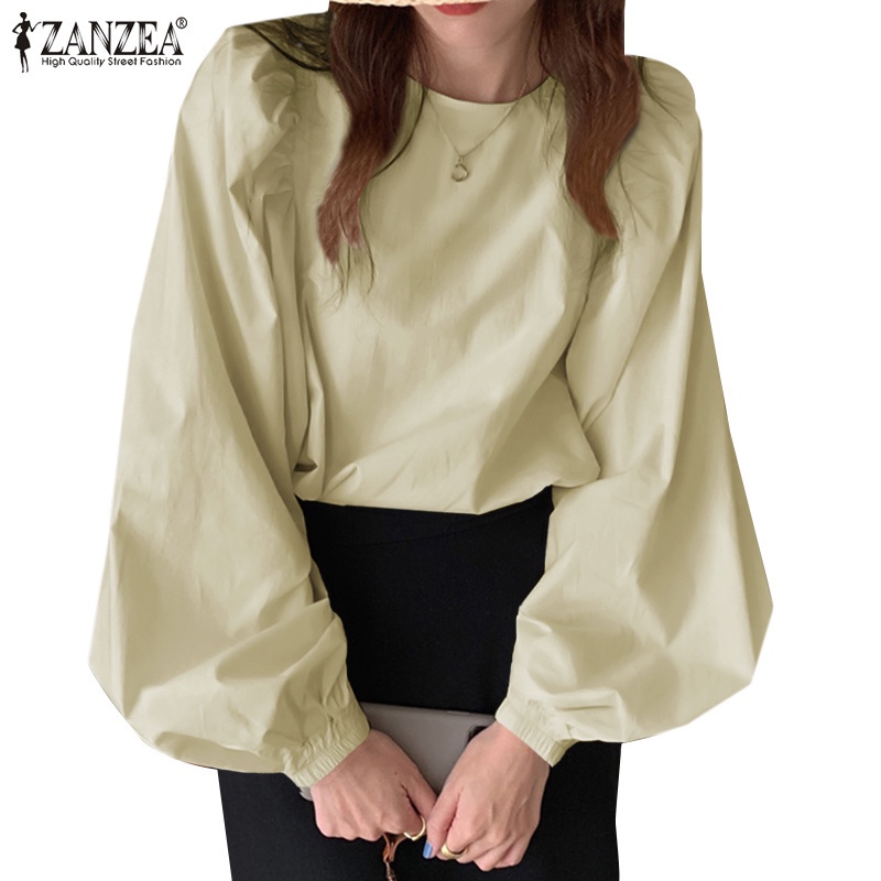 Áo ZANZEA tay phồng dáng rộng cổ tròn màu trơn thời trang retro cho nữ