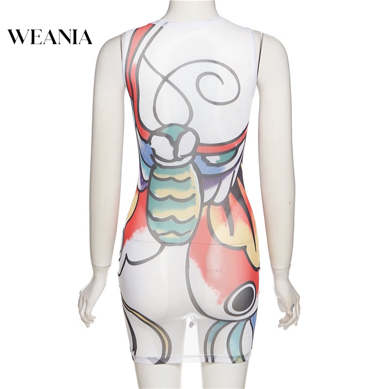 Đầm mini WEANIA ôm dáng phối lưới in họa tiết quyến rũ cho nữ