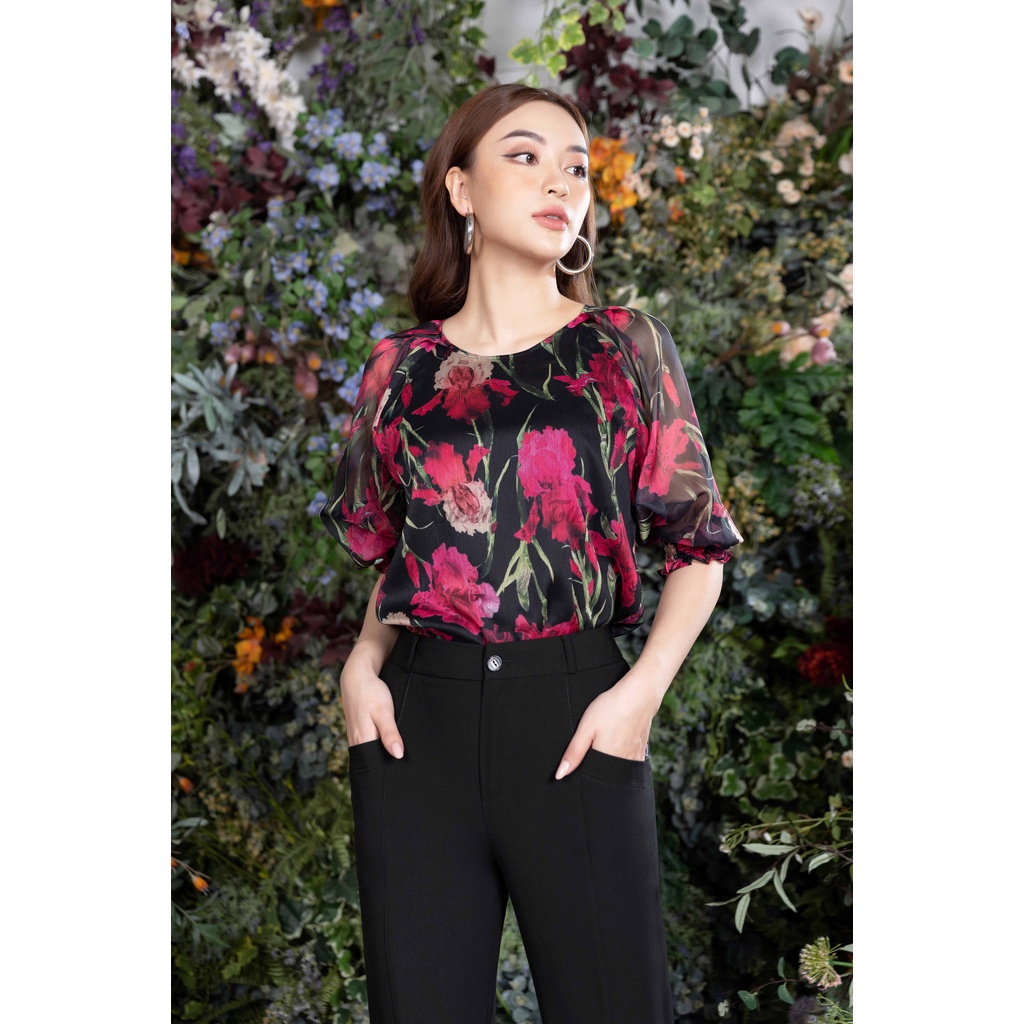 Áo tơ gân nền đen in hoa họa tiết, tay liền xếp ly bo chun - TOSON - 14519H81