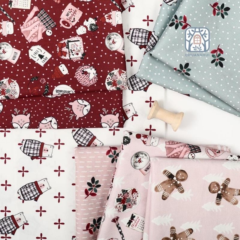 CS21-156 Vải cotton 100% tự nhiên🍒Chuanshui🍒khổ vải 145cm noel chấm bi- tuyết - vải đẹp handmade,quilt