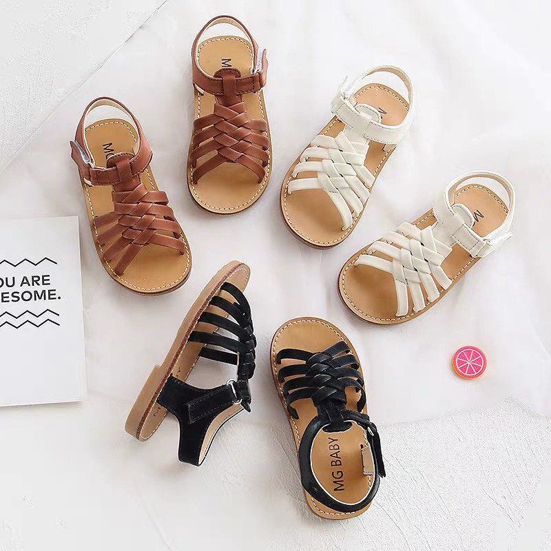 Sandal quai dây cho bé gái da có quai dán đế mềm chống trượt (v533) - dép quai hậu tết chéo sz21-sz30, nâu, đen, trắng