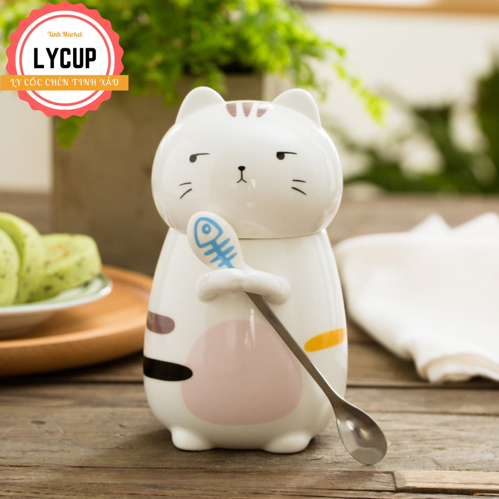 Cốc sứ cao cấp,cốc uống trà quai liền thìa có nắp đậy Gốm sứ cao cấp 400ml | BigBuy360 - bigbuy360.vn