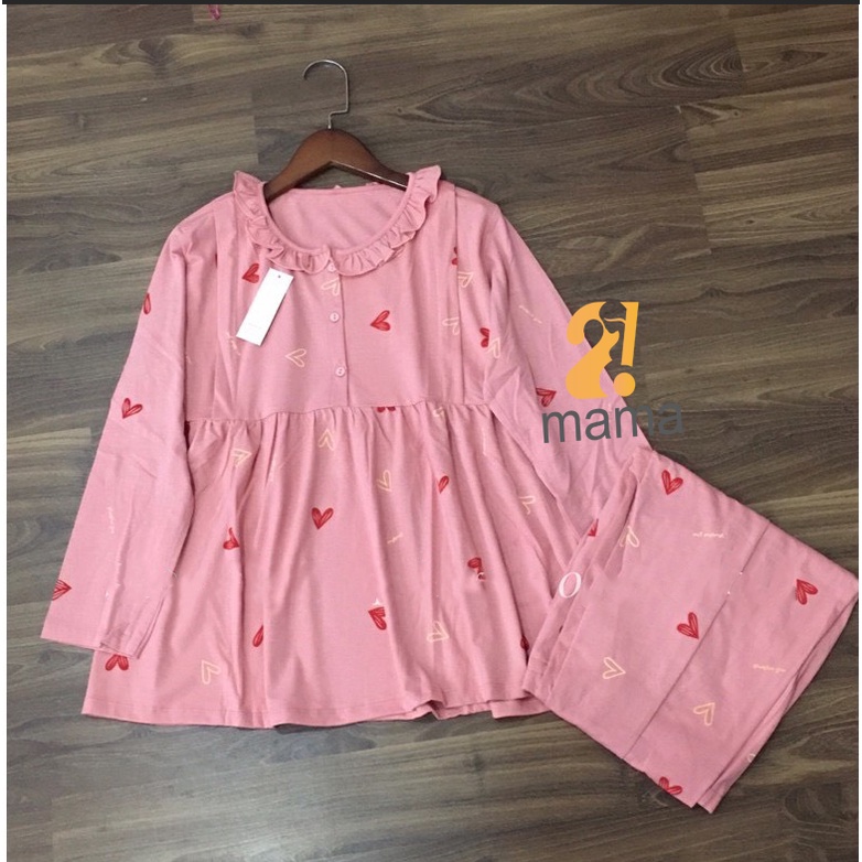 Bộ đồ bầu và sau sinh 2MAMA dài tay, cổ bèo có khóa cho con bú, đồ bầu mặc nhà cotton V003