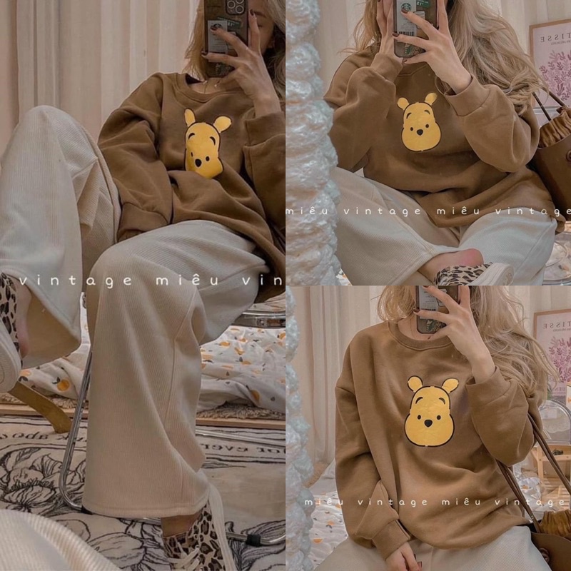 Set quần áo 🌸 Bộ áo nỉ tay bồng quần dài màu nâu be gấu POOH oversize style Ulzzang dành cho nữ PHULA