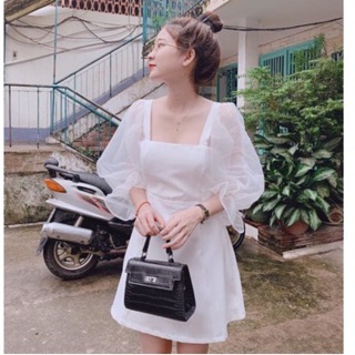Đầm Cổ Vuông Tay Lưới Phồng Trơn 💕