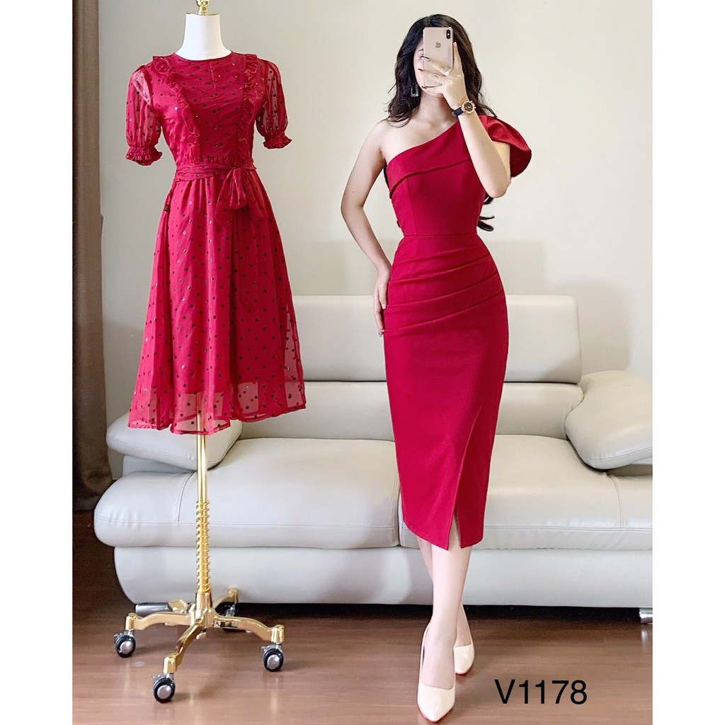 [FREESHIP] VÁY ĐỎ LỆCH VAI XẾP BÈO TÔN DÁNG - V178
