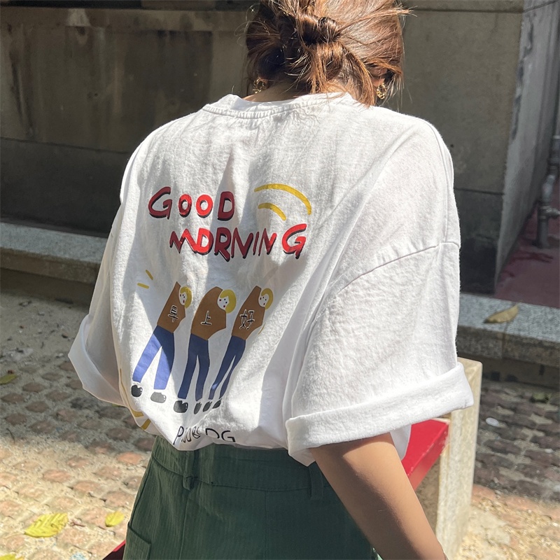 Áo thun XIAOZHAINV tay ngắn cổ tròn dáng rộng in họa tiết thời trang mùa hè cho nữ