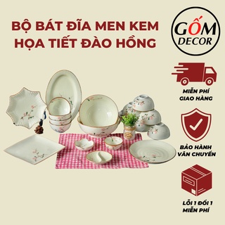 Bộ bát đĩa men kem Bát Tràng cao cấp vẽ hoa đào hồng nhiều mẫu chọn lựa