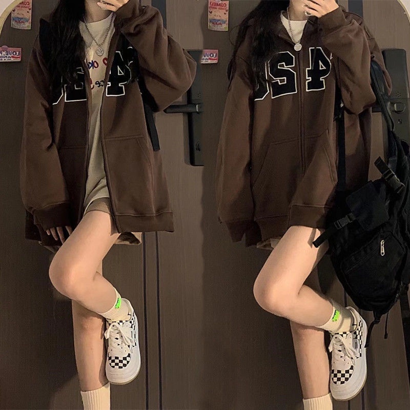 Áo Khoác Có Mũ Trùm Dáng Rộng Khóa Kéo Thời Trang Xuân Thu Mới