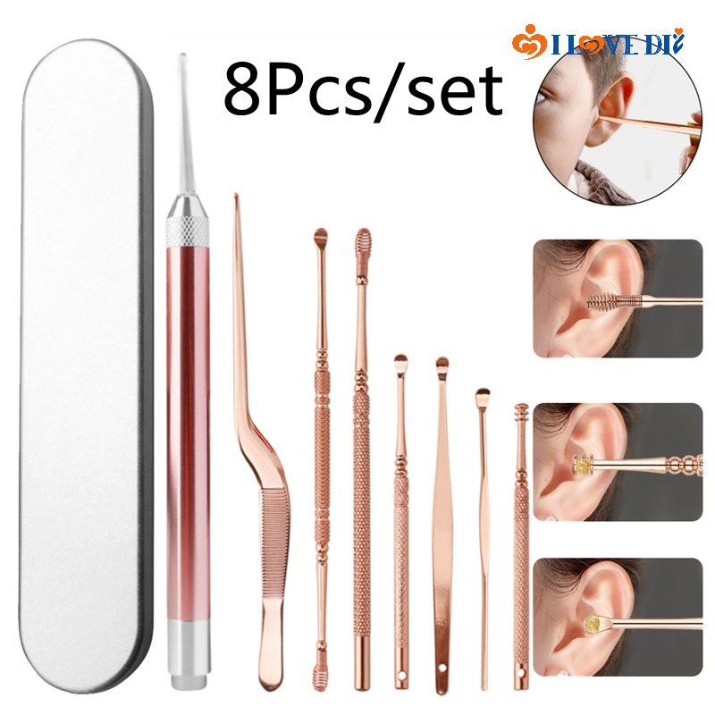 Bộ 8 dụng cụ lấy ráy tai có đèn LED bằng thép không gỉ cao cấp kèm hộp đựng