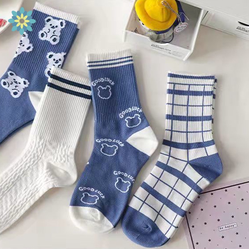 Đôi tất dài bằng cotton họa tiết sọc caro hợp thời trang cho nữ