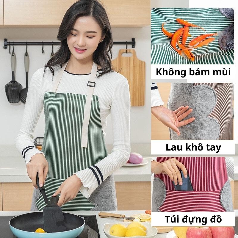 Tạp dề nấu ăn kẻ hoa có khăn lau tay bên hông, tạp dề chống thấm nước