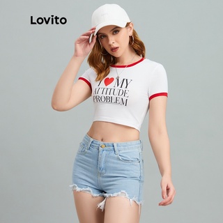 113XJ 819 VN Delisted 7/27DelistÁo thun Lovito cổ tròn in chữ cái thường ngày co giãn nhẹ L10105 (Màu trắng)