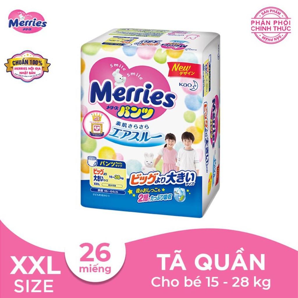 Bỉm / Tã quần Merries size XXL 26 miếng (cho bé 15 - 28kg)