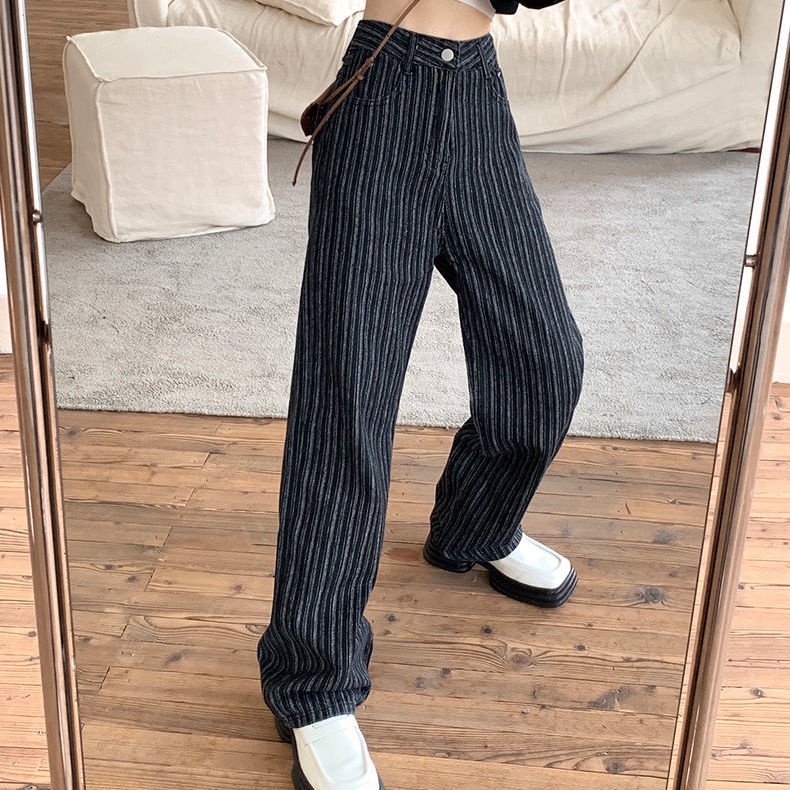 ☏△∏ Quần Jean Ống Rộng Kẻ Sọc Dọc Màu Đen Phong Cách Âu Mỹ Thời Trang Xuân Thu 2022 Cho Nữ