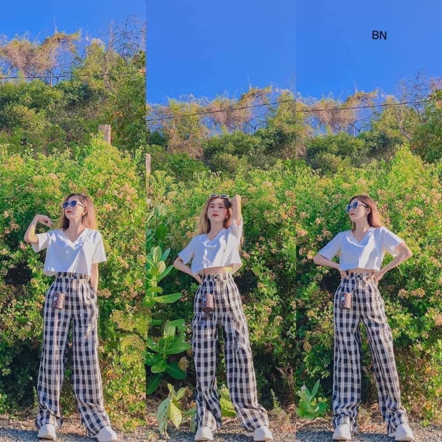 Sét áo croptop cổ tim + quần kẻ cúc bụng