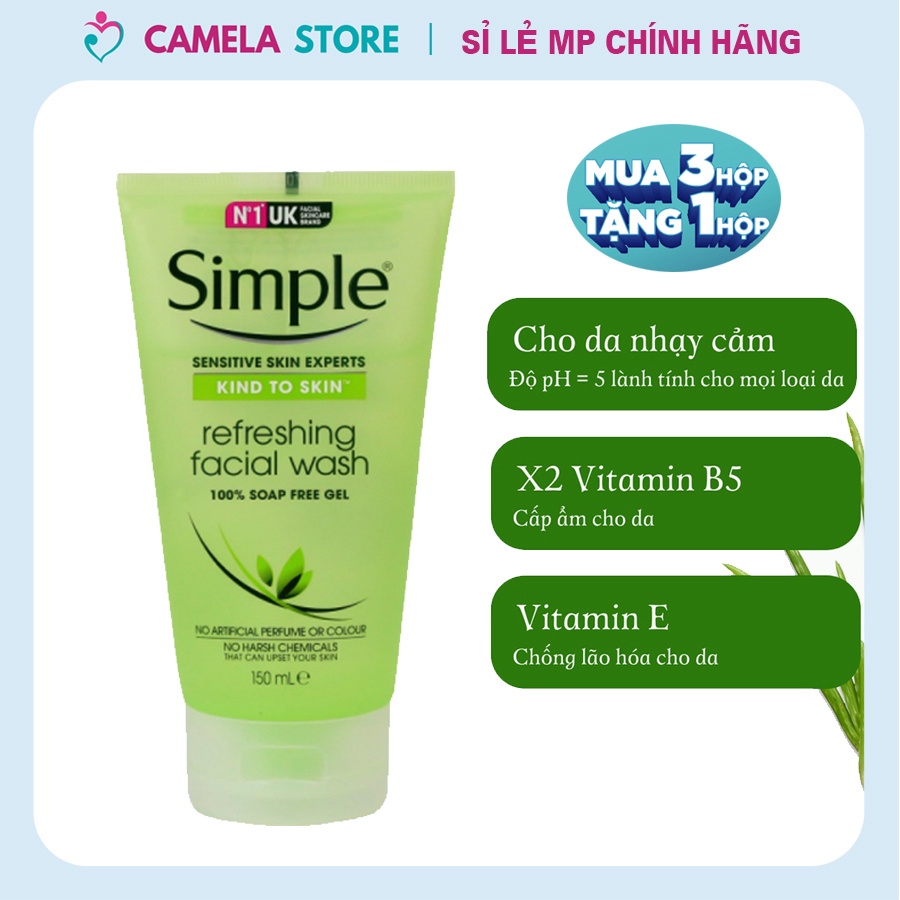 Sữa rửa mặt SIMPLE Kind To Skin Refreshing Facial Wash Gel 150 ml  làm sạch dịu nhẹ an toàn cho mọi loại da