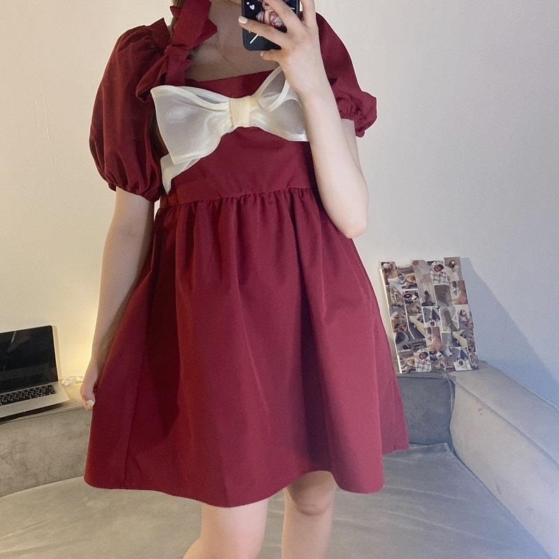 Đầm Tay Ngắn Phồng Cổ Vuông Thắt Nơ Phong Cách Pháp Cổ Điển Mới Dành Cho Bạn Nữ