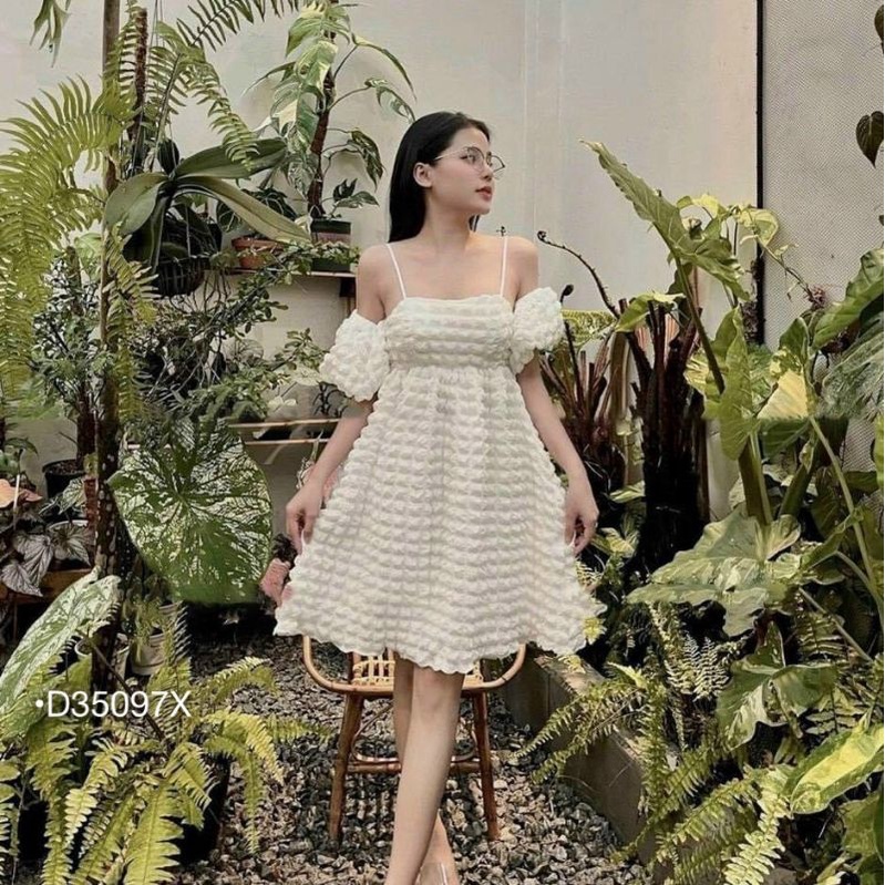 Đầm 2 Dây Babydoll Ulzzang Váy Xốp Trễ Vai Form Rộng Tay Bồng Tiểu Thư D35097X