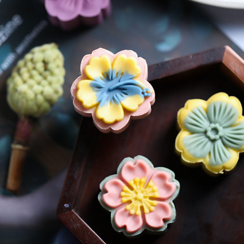 Set khuôn cắt ép làm bánh trung thu cookie bánh đậu xanh họa tiết hoa 3D 50g DIY bằng nhựa
