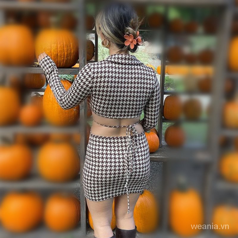 Đầm tay dài cổ polo họa tiết sọc caro thời trang cho nữ