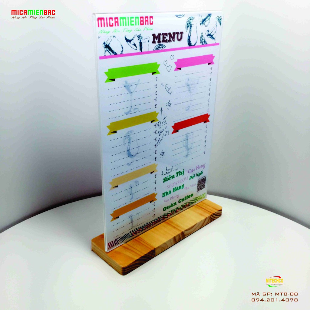 Menu Mica A4 Chữ T đế Gỗ