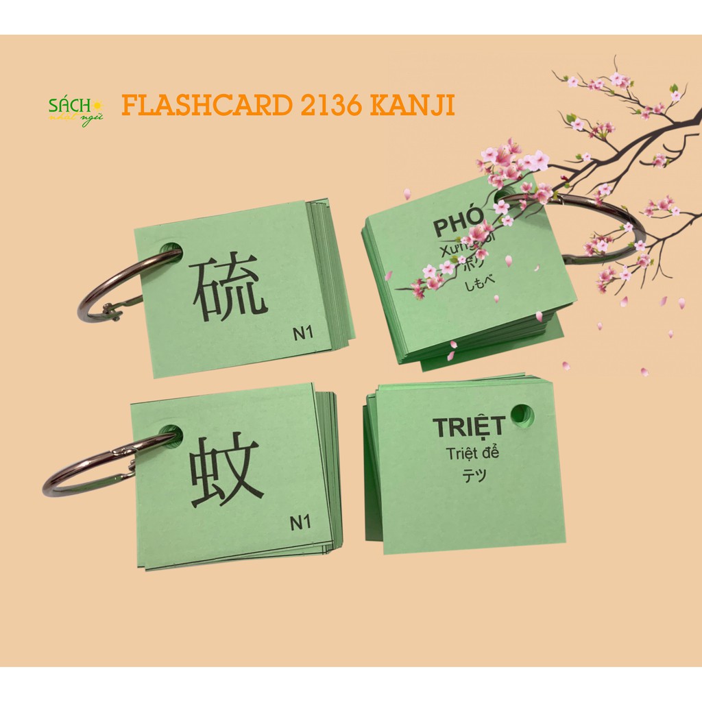 Bộ Flashcard 2136 Kanji  N5 - N1 thường dùng trong tiếng Nhật kích thước 4 x 4.5