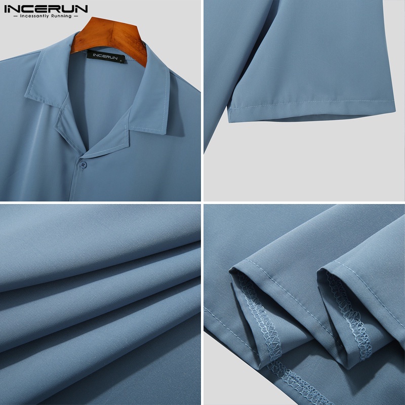 INCERUN Áo Sơ Mi Ngắn Tay Màu Sắc Đơn Giản Thời Trang Mùa Hè Cho Nam
