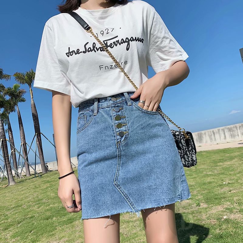 Chân váy jean Chữ A Xếp Ly Lưng Cao Co Giãn Phong Cách Hàn Quốc Mới