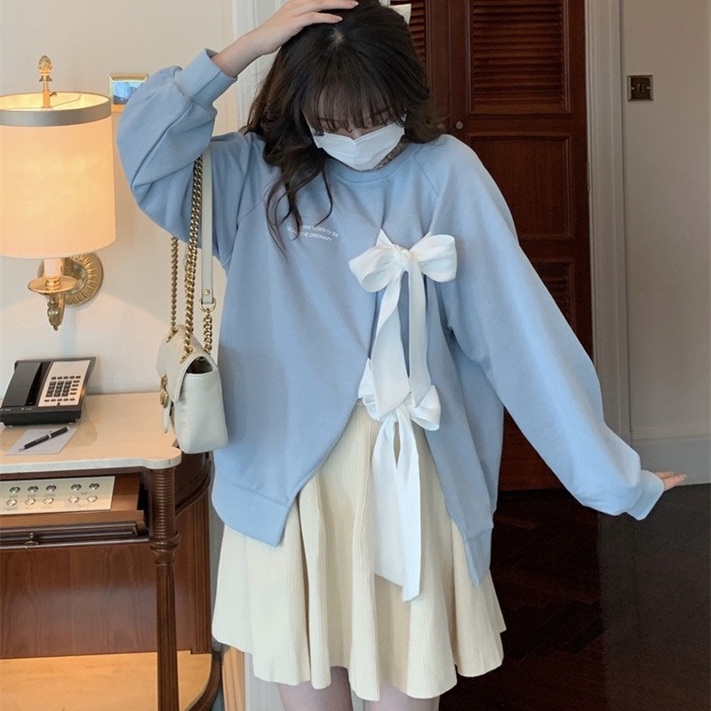 Áo len tay dài cổ tròn thắt nơ phong cách công chúa thời trang thu đông mới dành cho nữ