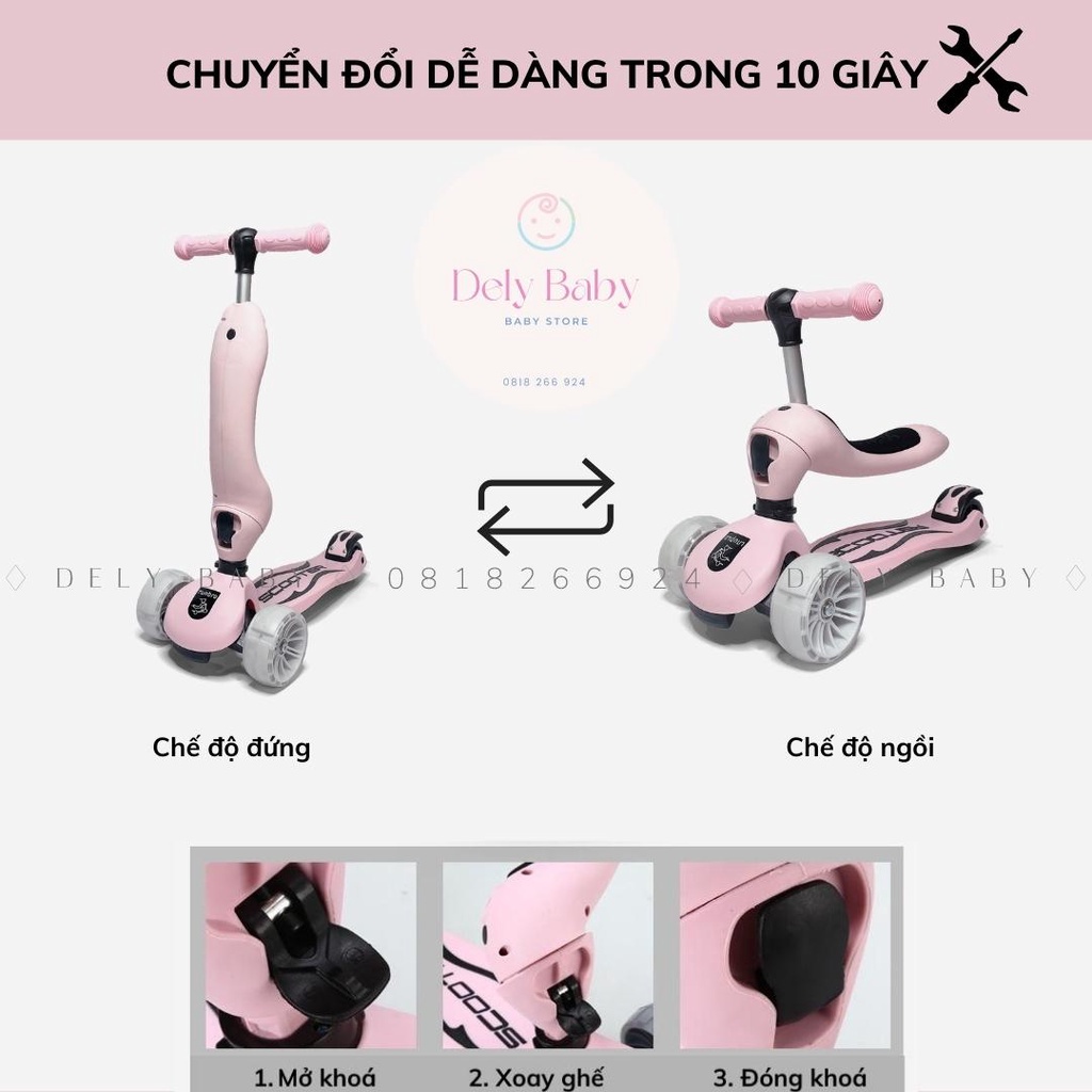Xe Trượt Scooter Runbro Trẻ Em 2 Chế Độ 2 in 1 - Xe Chòi Chân Bánh Xe Có Đèn Cho Bé 1 Đến 8 Tuổi