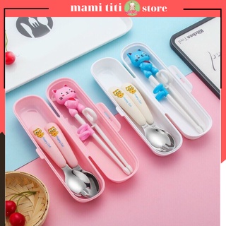 Bộ thìa dĩa tập ăn, bộ đũa thìa ăn dặm hình đầu mèo cho bé