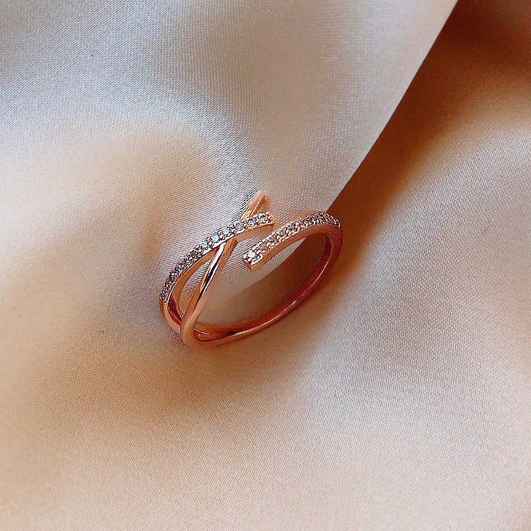 Nhẫn hở đeo ngón tay đính đá màu vàng hồng sang trọng có thể điều chỉnh