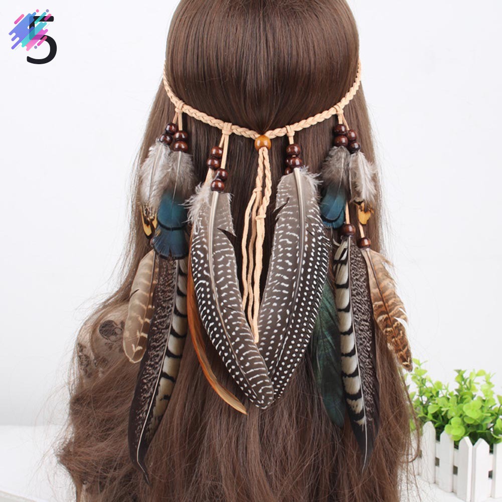 Vòng đeo đầu đính lông vũ phong cách boho thời trang cho nữ