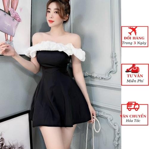 Váy trễ vai nữ viền bèo đen trắng tiểu thư bánh bèo đi tiệc cưới ulzzang Hàn Quốc