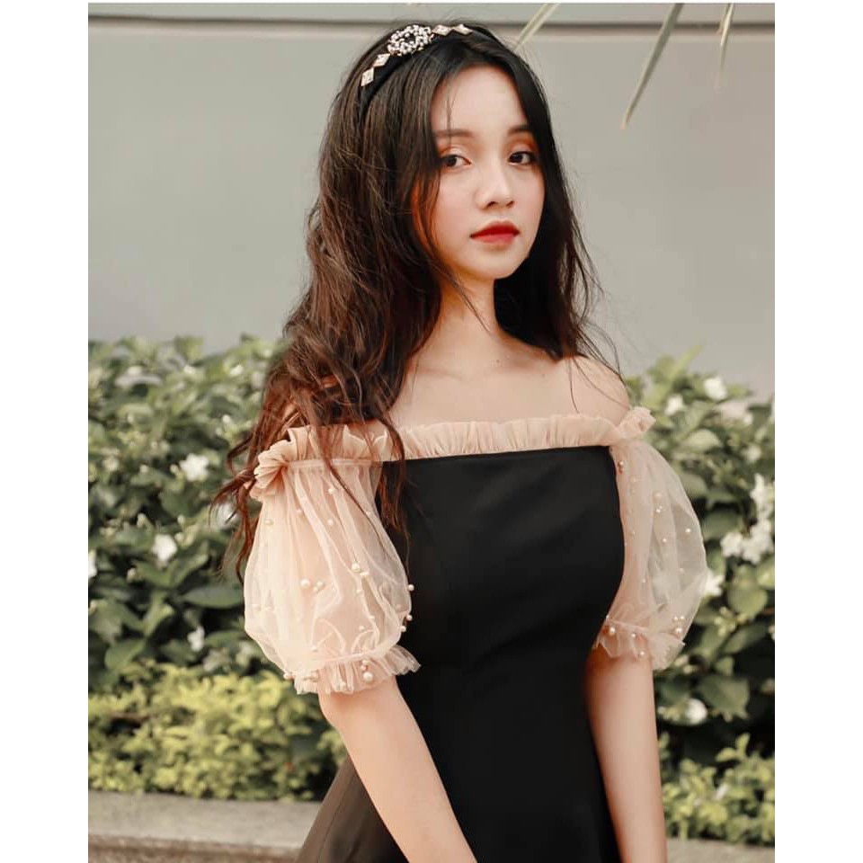 [SALE SỐC THÁNG CÔ HỒN] Đầm trễ vai phối lưới đính hạt siêu xinh