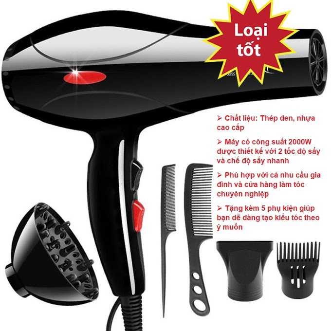 [FREESHIP] Máy Sấy Tóc DELIYA Nóng lạnh 2 chiều Công Suất Lớn 2200W Tặng Kèm 5 Phụ Kiện Chuyên Nghiệp