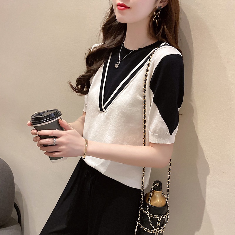 Áo dệt kim ZHELIHANGFEI ngắn tay phối màu thiết kế thời trang mùa hè cho nữ