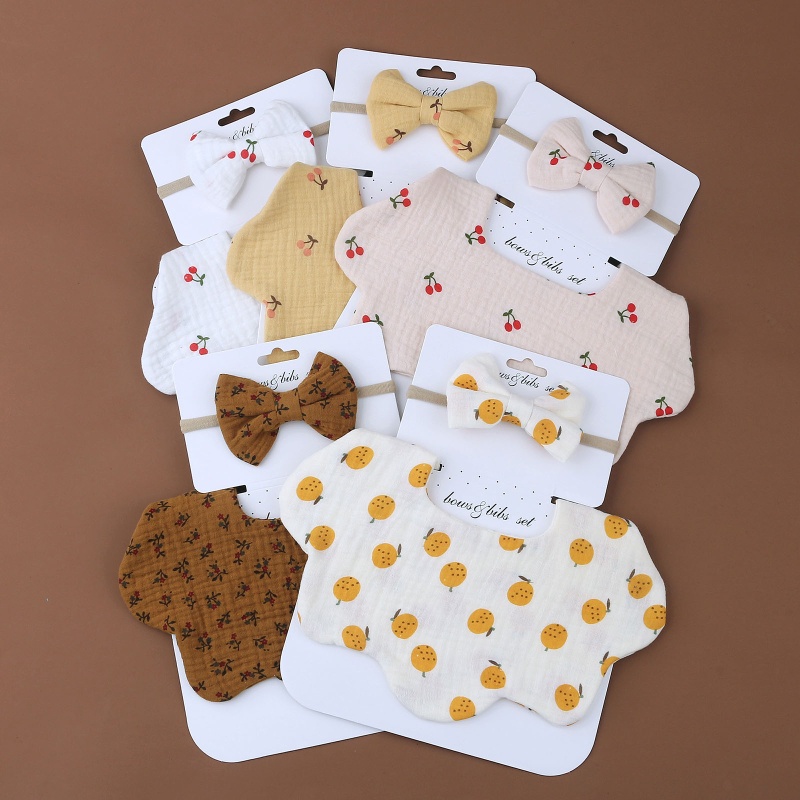 Yếm Ăn Thấm Hút Tốt Đính Nơ Kèm Băng Đô Xinh Xắn Cho Bé Sơ Sinh