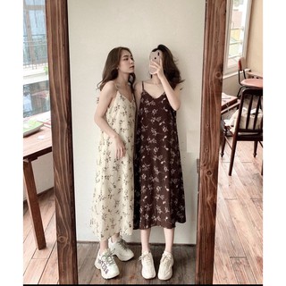 Váy Suông 2 Dây Nữ SUA Store Kiểu MiDi Cổ V Vintage In Hoa Nhí Dáng Suông Mặc Đi Biển Mùa Hè Ulzzang HOT Giá Siêu Rẻ