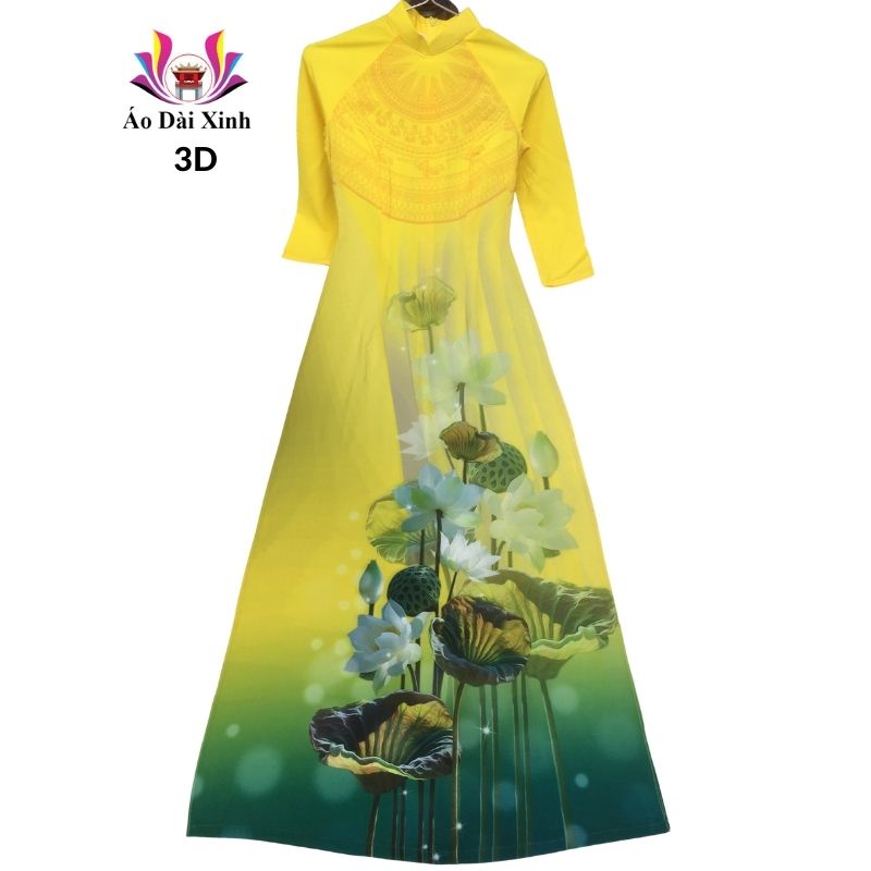 Áo dài truyền thống in 3D cổ 3cm tay lỡ màu vàng hoa sen