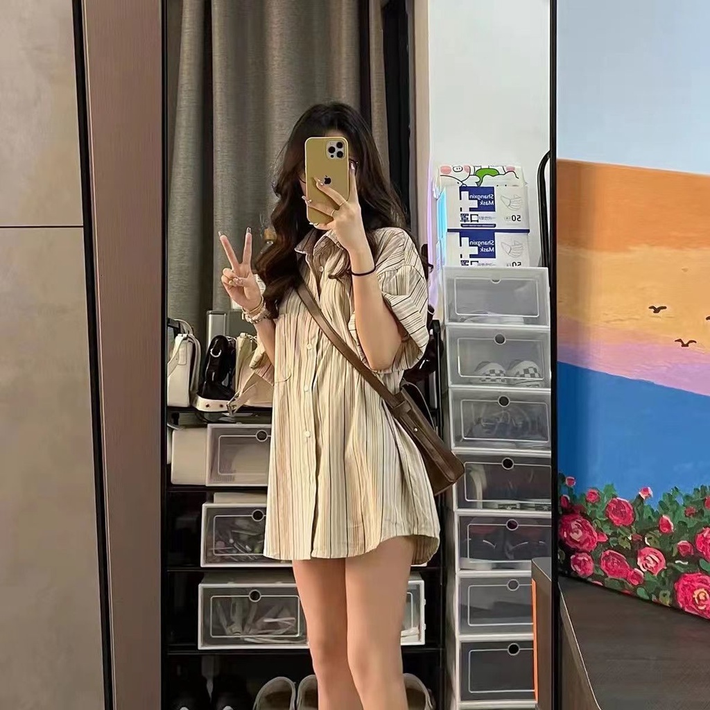 Áo Sơ Mi Ngắn Tay Nhiều Lớp Họa Tiết Kẻ Sọc Dọc Phong Cách Hong Kong Cổ Điển Kiểu Mới Cho Nữ
