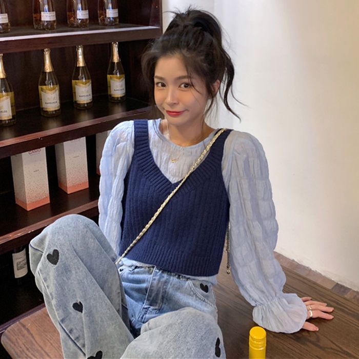 COZOK Set áo sơ mi voan tay dài và áo len không tay phong cách Hàn Quốc