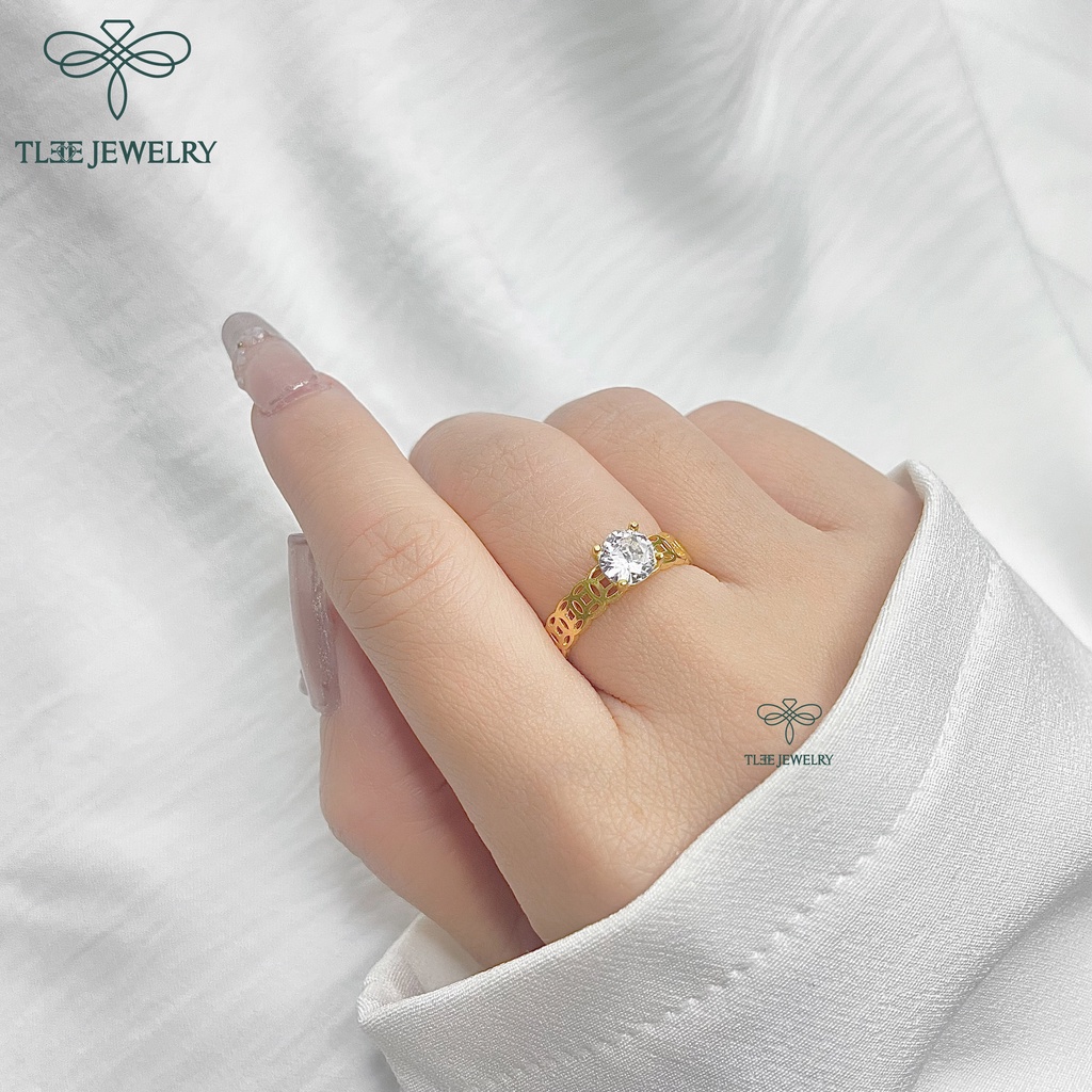Nhẫn bạc nữ TLEE kim tiền mạ vàng 14k trụ đá bốn chấu cao cấp TleeJewelry A0144