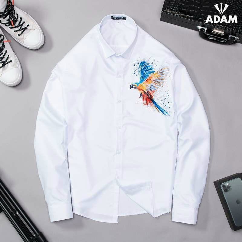 Áo sơ mi trắng dài tay in hình chim-sói 3D,chất lụa cao cấp,thời trang Hàn Quốc, không nhăn, xù