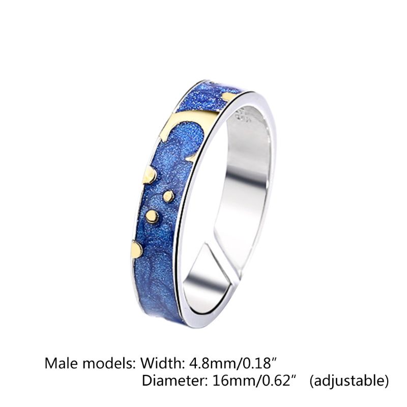 Bộ 2 Nhẫn Đeo Tay Bằng Hợp Kim Tráng Men Họa Tiết Bầu Trời Đầy Sao Màu Sắc Xanh Dương Độc Đáo Không Phai Màu Cho Nam