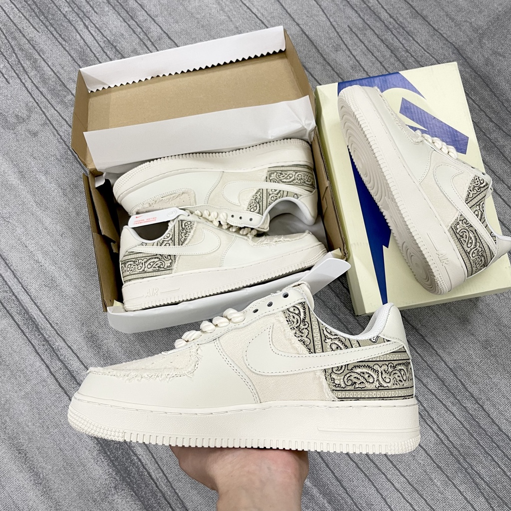 Giày thể thao AF1 dây thừng họa tiết Paisley màu kem, Giày sneaker thổ cẩm dây thừng nam nữ đi siêu êm
