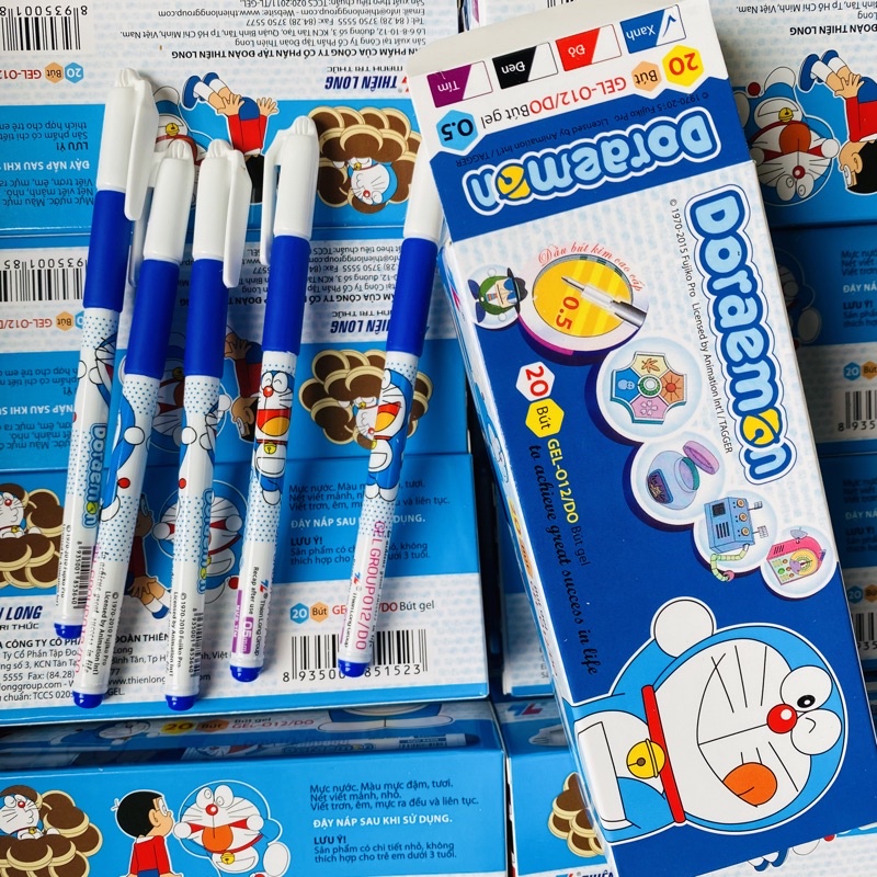 Bút Gel Doremon Thiên Long hộp 20 cái, Bút nước Doremon nhãn hiệu Thiên Long mực xanh cho học sinh các cấp
