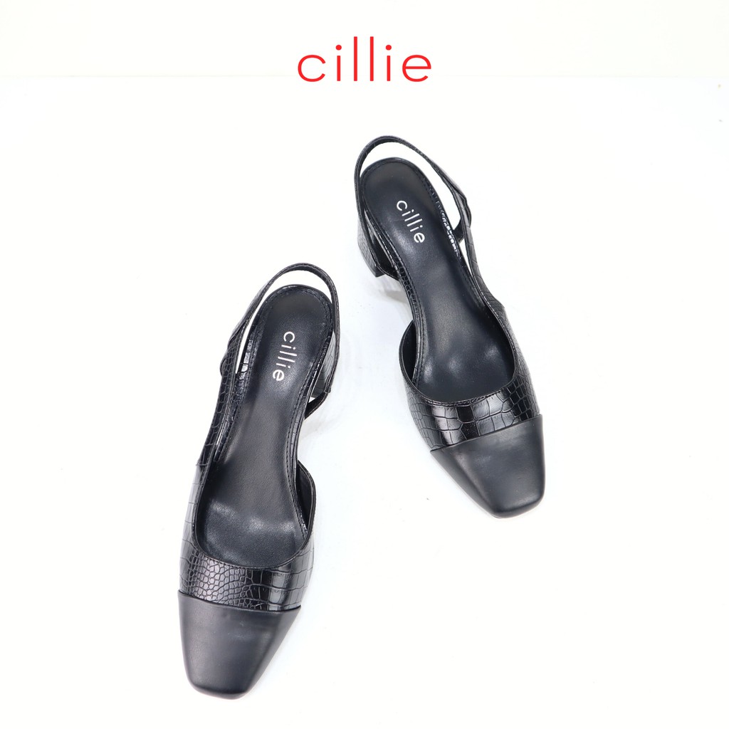 Giày sandal cao gót nữ mũi vuông phối vân sang trọng hở hậu gót trụ cao 5cm Cillie 1217